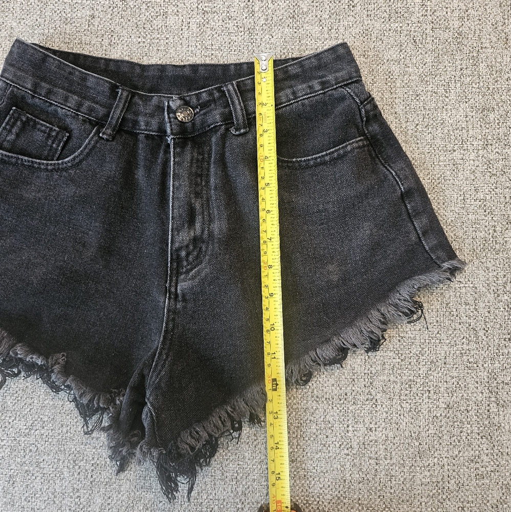 Shein Black High Waist Jean Cut Off Fray Shorts Flame Embroidered Pockets Size S - Picture 2 of 6